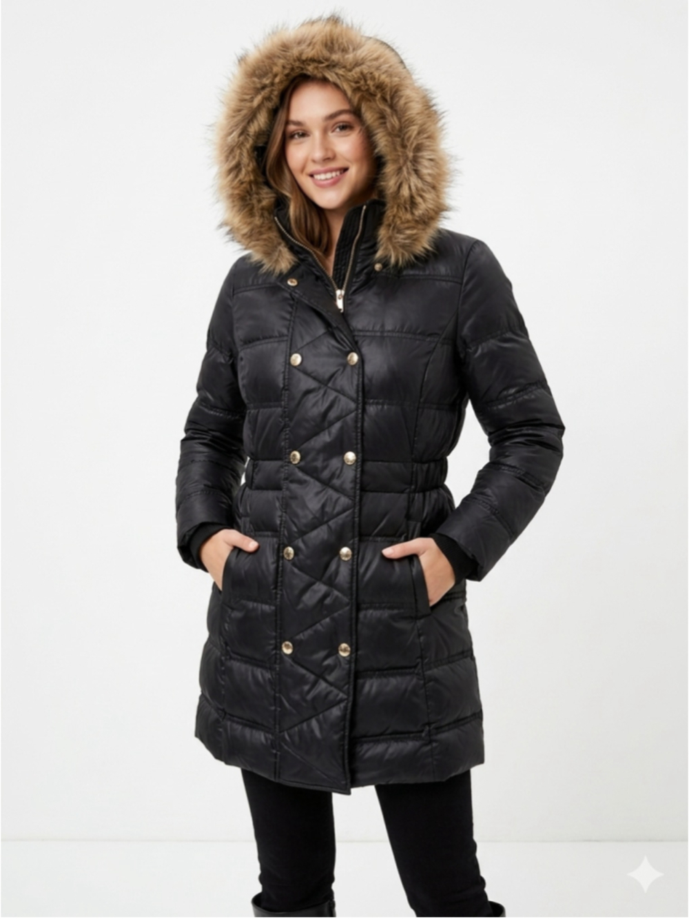 Women's Vintage Juicy Couture Y2K Black Puffer Coat with Faux Fur Hood Size XL
